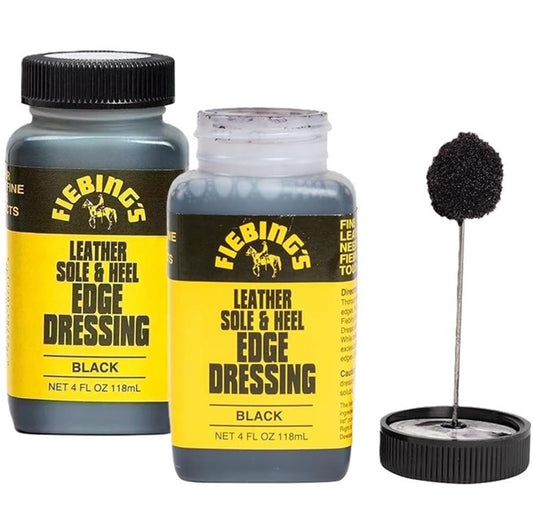 Fiebing's Leather Sole & Heel Edge Dressing, 2-Pack Black (4 oz) - High Gloss Shoe Dressing for Leather Soles & Heels - Provides a Protective Finish - Includes Brush Applicator