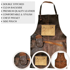 ELW Full Grain Leather Apron-Chest Pouch with Side Pocket, BBQ Apron, Kitchen, Cooking, Bartending, One Size for Men & Women