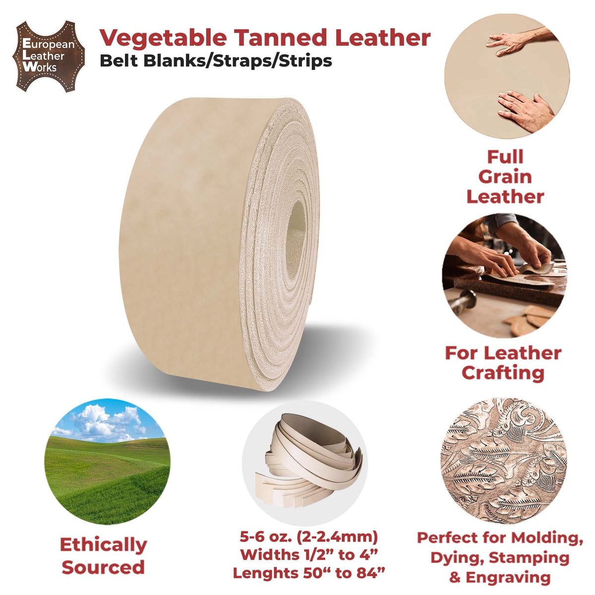 SLC Vegetable Tan Cowhide Leather Belt Blank with Snaps (1-1/2, Economy)