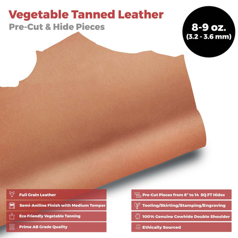 ELW Genuine Leather Vegetable Tanned 8-9 oz. (3.2-3.6mm) Size 6” to 14 SQ FT Full Grain Veg Tan Leather AB Grade Cowhide, Heavy Weight, Tooling, Carving, DIY, Holster, Stamping - elwshop.com