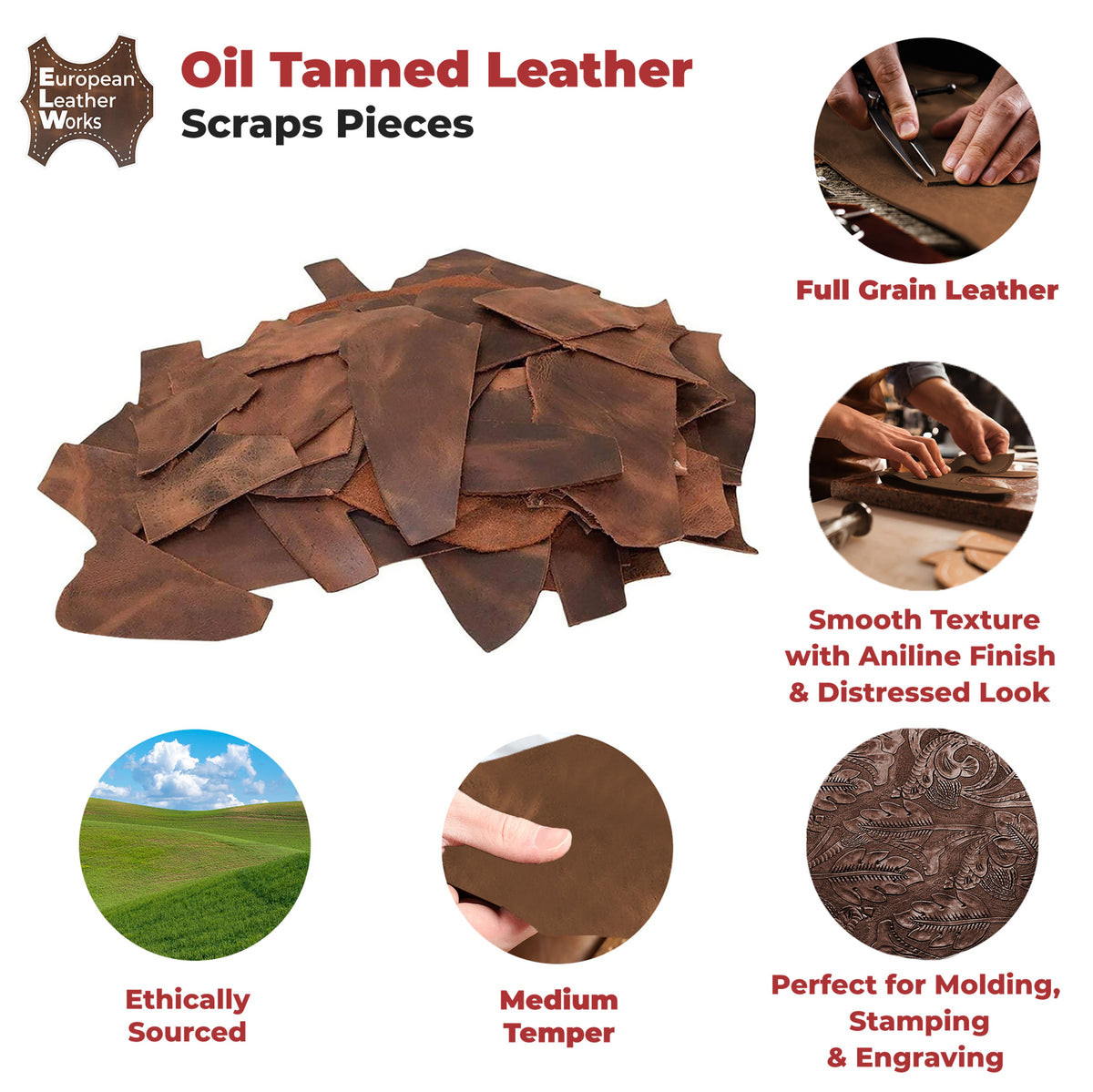 ELW Genuine Natural Full Grain Leather 5 lbs Sizes Scraps, Trimming 5/6 OZ  (2-2.4mm) Perfect for Leather Crafts, DIY, Accessories, Sheaths, Holsters,  Repair : Tobacco Brown