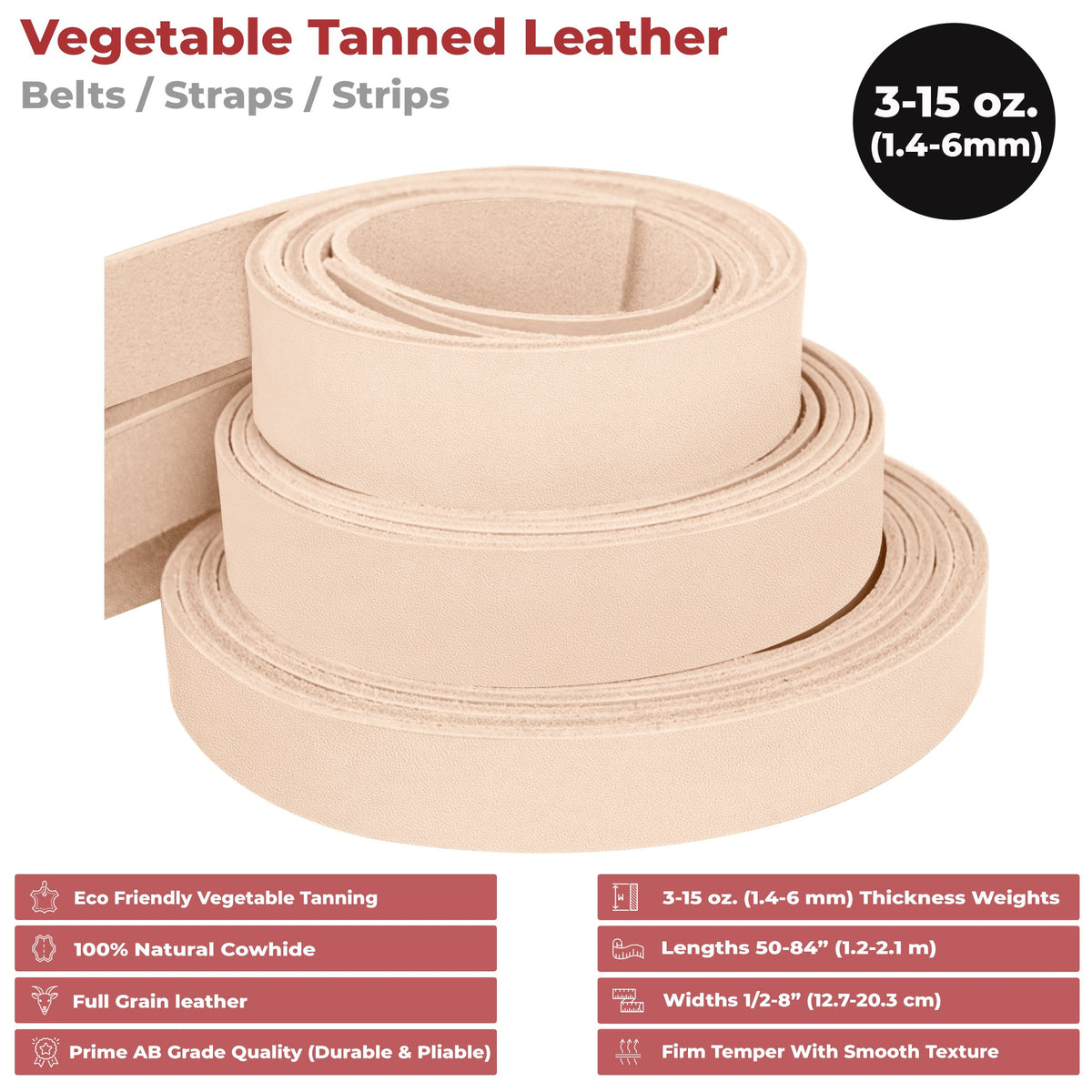 ELW Belt Blanks Strips/Straps 8/9 oz. 3.2-3.6mm Thickness Size 1-1/4x72  Full Grain Import Natural Cowhide Vegetable Tanned Leather for Tooling,  Engraving, Embossing, Molding, & Dyeing 