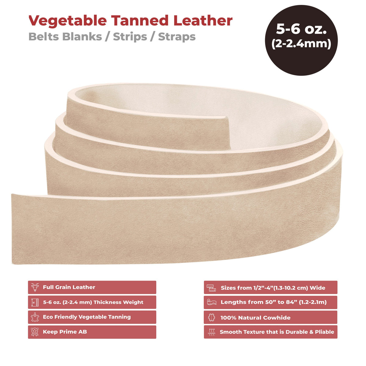 Natural Cowhide Leather Belt Blanks with Snaps 8-9-oz (3.5mm-4.0mm