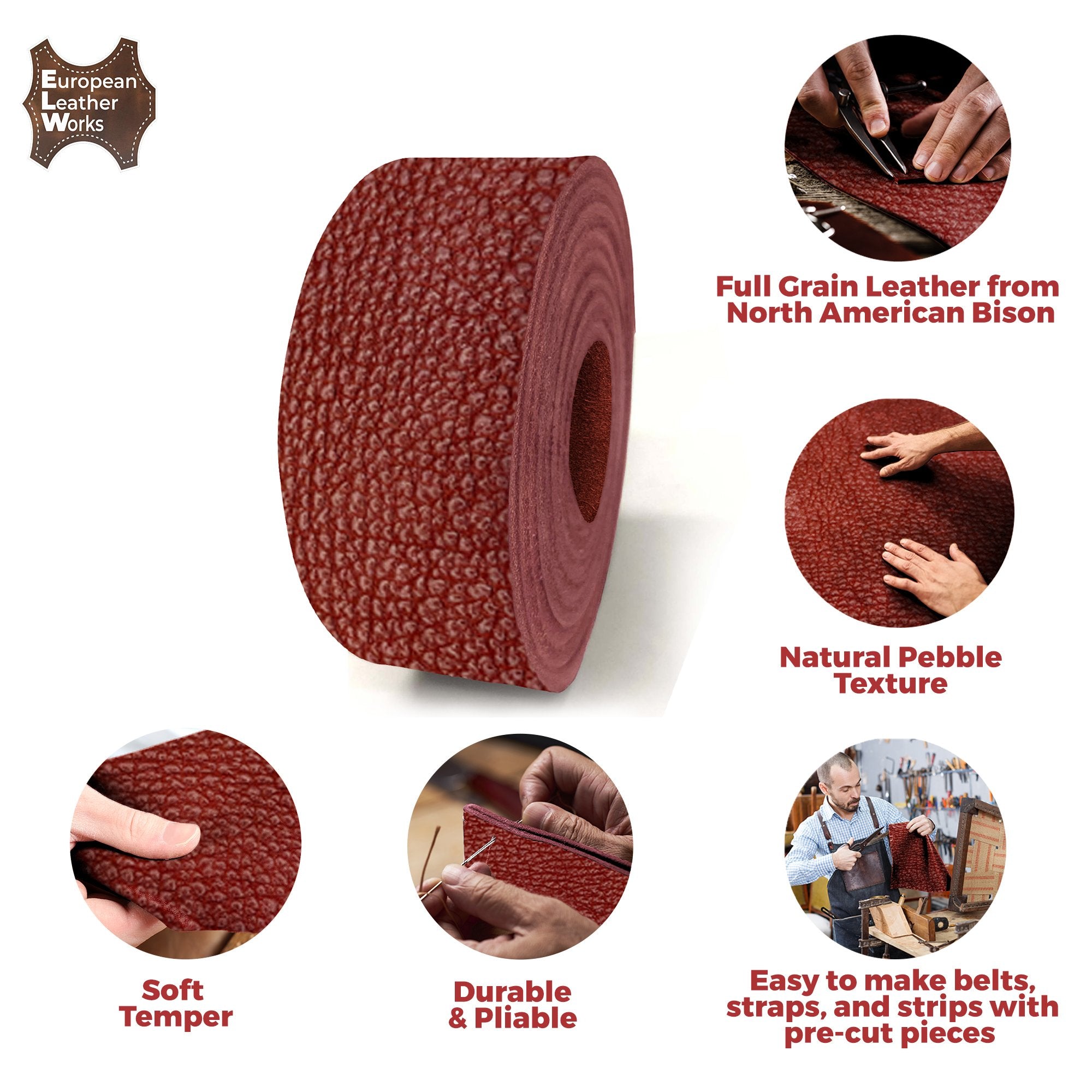 ELW Genuine American Leather Bison 8-9 oz (3.2-3.4mm) Thickness 60" Length Straps, Belts, Strips Full Grain Hide DIY Craft Projects, Bag, Chap, Moccasins, Jewelry, Wrapping - elwshop.com