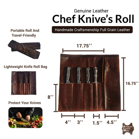 ELW Chef Knife Roll Case, Full Grain Portable Leather Knife Bag, Knife Holder Roll with 5 Pockets, Cooks, & Kitchen Tools Storage, Lightweight & Travel-friendly Cooking Tools Bag - elwshop.com