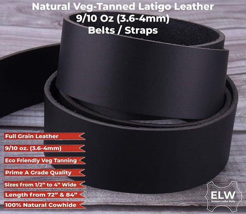 ELW Black Latigo Leather 9-10oz (3.6-4mm) Straps, Belts, Strips 1" to 4" Wide X 72" or 84" Long Full Grain Leather Cowhide Tooling Leather Heavy Weight - elwshop.com