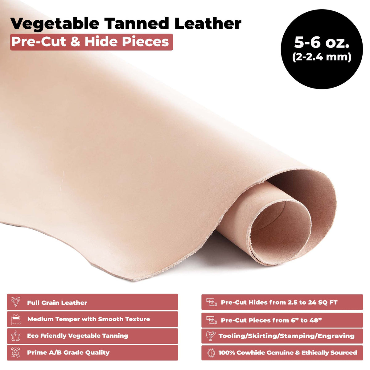 European Leather Work 5-6 oz. (2-2.4mm) Vegetable Tanned Leather Natural