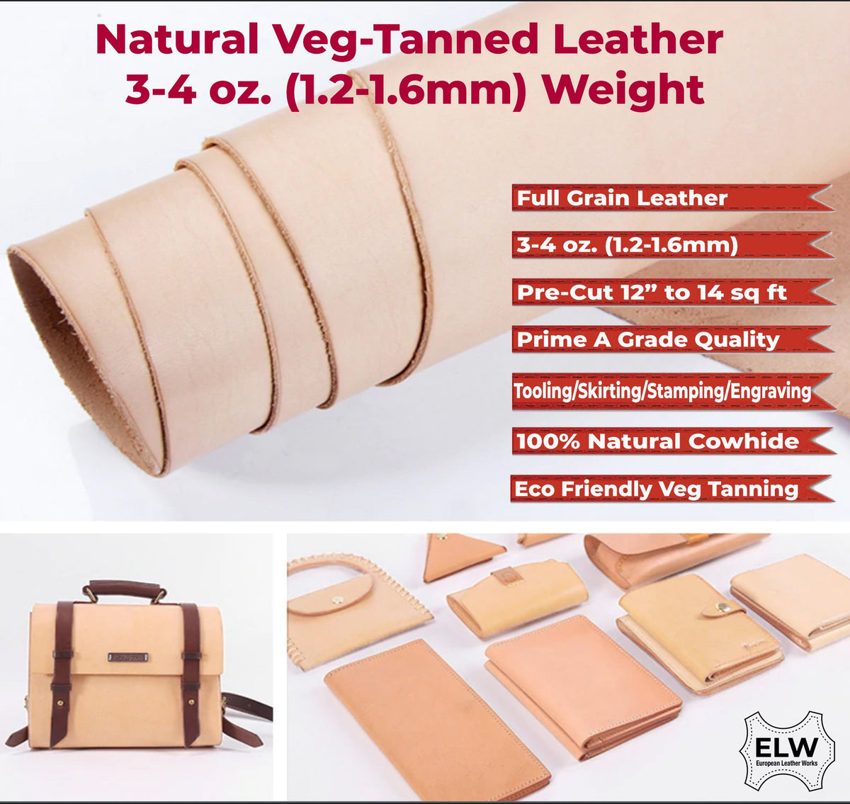 ELW Tooling Leather Vegetable Tanned 6-7 oz. (2.4-2.8mm) Heavy Thickne–