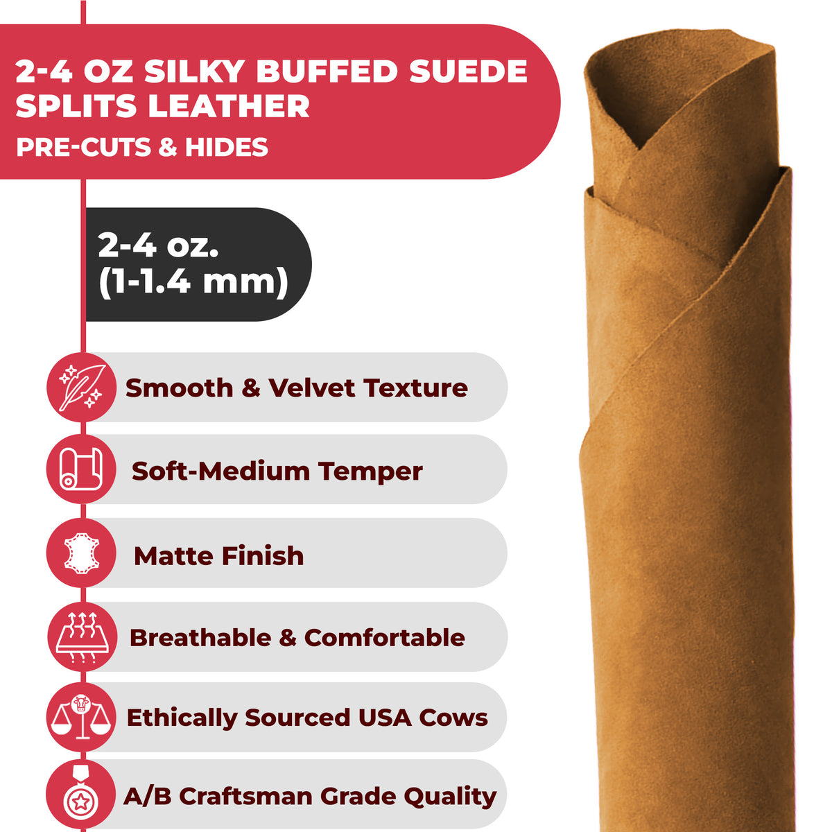 Suede Leather 2-4 oz (1-1.6mm) A/B Grade Chap Split Leather Cowhides | Pre-Cut Hides | USA Made