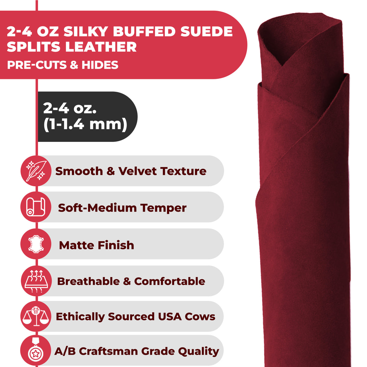 Suede Leather 2-4 oz (1-1.6mm) A/B Grade Chap Split Leather Cowhides | Pre-Cut Hides | USA Made