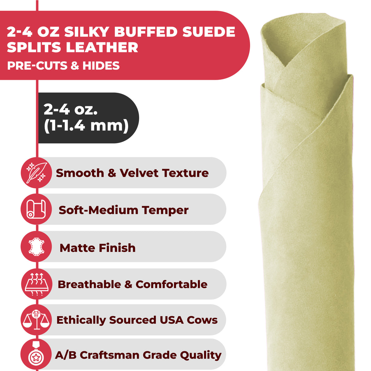 Suede Leather 2-4 oz (1-1.6mm) A/B Grade Chap Split Leather Cowhides | Pre-Cut Hides | USA Made