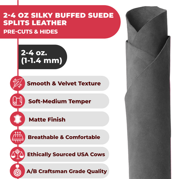 Suede Leather 2-4 oz (1-1.6mm) A/B Grade Chap Split Leather Cowhides | Pre-Cut Hides | USA Made