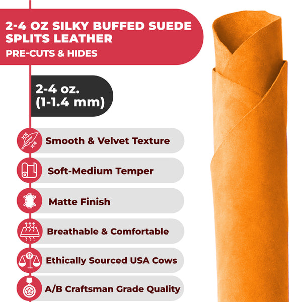 Suede Leather 2-4 oz (1-1.6mm) A/B Grade Chap Split Leather Cowhides | Pre-Cut Hides | USA Made