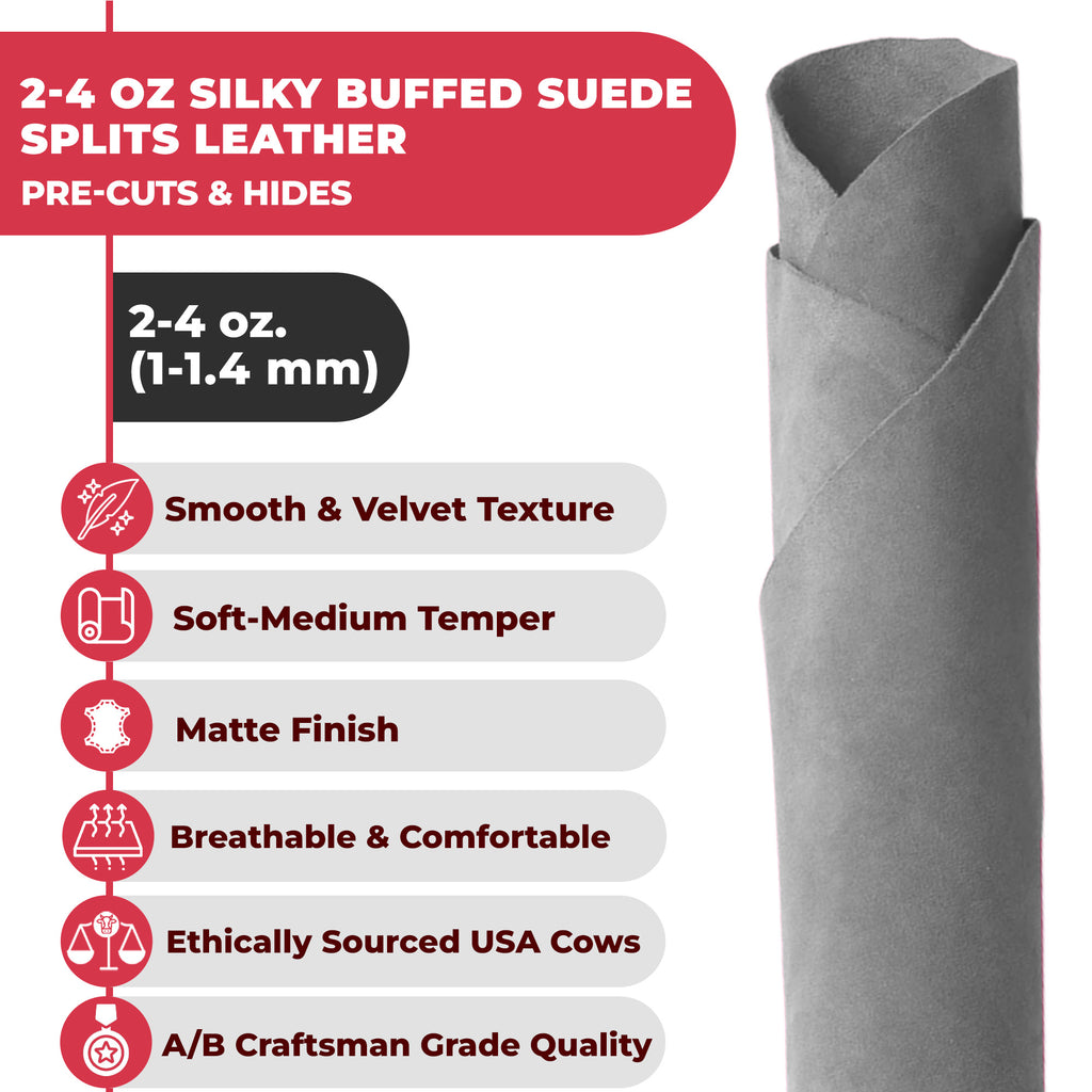 Suede Leather 2-4 oz (1-1.6mm) A/B Grade Chap Split Leather Cowhides | Pre-Cut Hides | USA Made