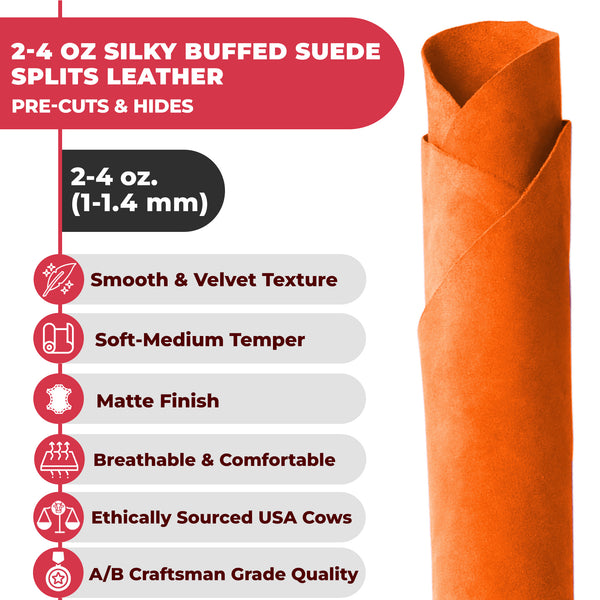 2-4 oz (1-1.6mm) Premium Suede Cowhide - Soft Full Grain Pre-Cut Side Leather  - USA Made Silky Buffed Suede Fabric Leather for Car Upholstery, Garments, Furniture
