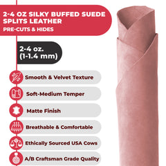 2-4 oz (1-1.6mm) Premium Suede Cowhide - Soft Full Grain Pre-Cut Side Leather  - USA Made Silky Buffed Suede Fabric Leather for Car Upholstery, Garments, Furniture