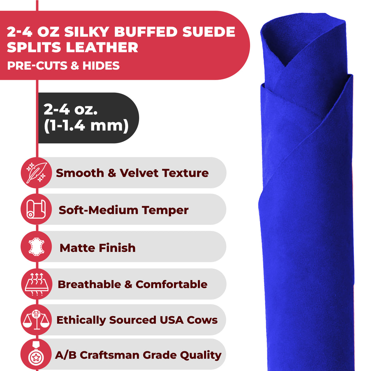 2-4 oz (1-1.6mm) Premium Suede Cowhide - Soft Full Grain Pre-Cut Side Leather  - USA Made Silky Buffed Suede Fabric Leather for Car Upholstery, Garments, Furniture