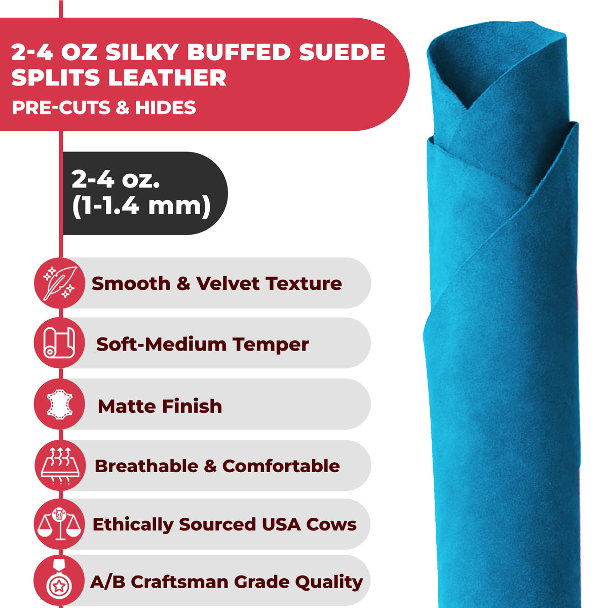 2-4 oz (1-1.6mm) Premium Suede Cowhide - Soft Full Grain Pre-Cut Side Leather  - USA Made Silky Buffed Suede Fabric Leather for Car Upholstery, Garments, Furniture