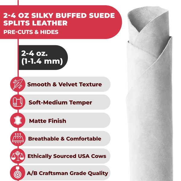 2-4 oz (1-1.6mm) Premium Suede Cowhide - Soft Full Grain Pre-Cut Side Leather  - USA Made Silky Buffed Suede Fabric Leather for Car Upholstery, Garments, Furniture