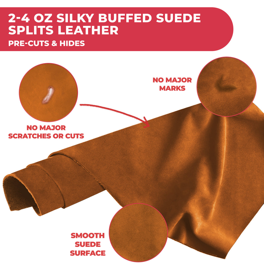 2-4 oz (1-1.6mm) Premium Suede Cowhide - Soft Full Grain Pre-Cut Side Leather  - USA Made Silky Buffed Suede Fabric Leather for Car Upholstery, Garments, Furniture