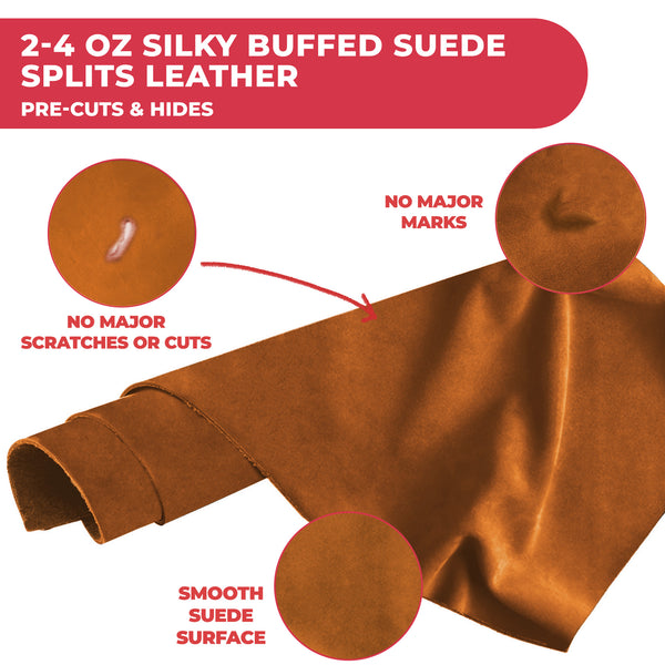 2-4 oz (1-1.6mm) Premium Suede Cowhide - Soft Full Grain Pre-Cut Side Leather  - USA Made Silky Buffed Suede Fabric Leather for Car Upholstery, Garments, Furniture