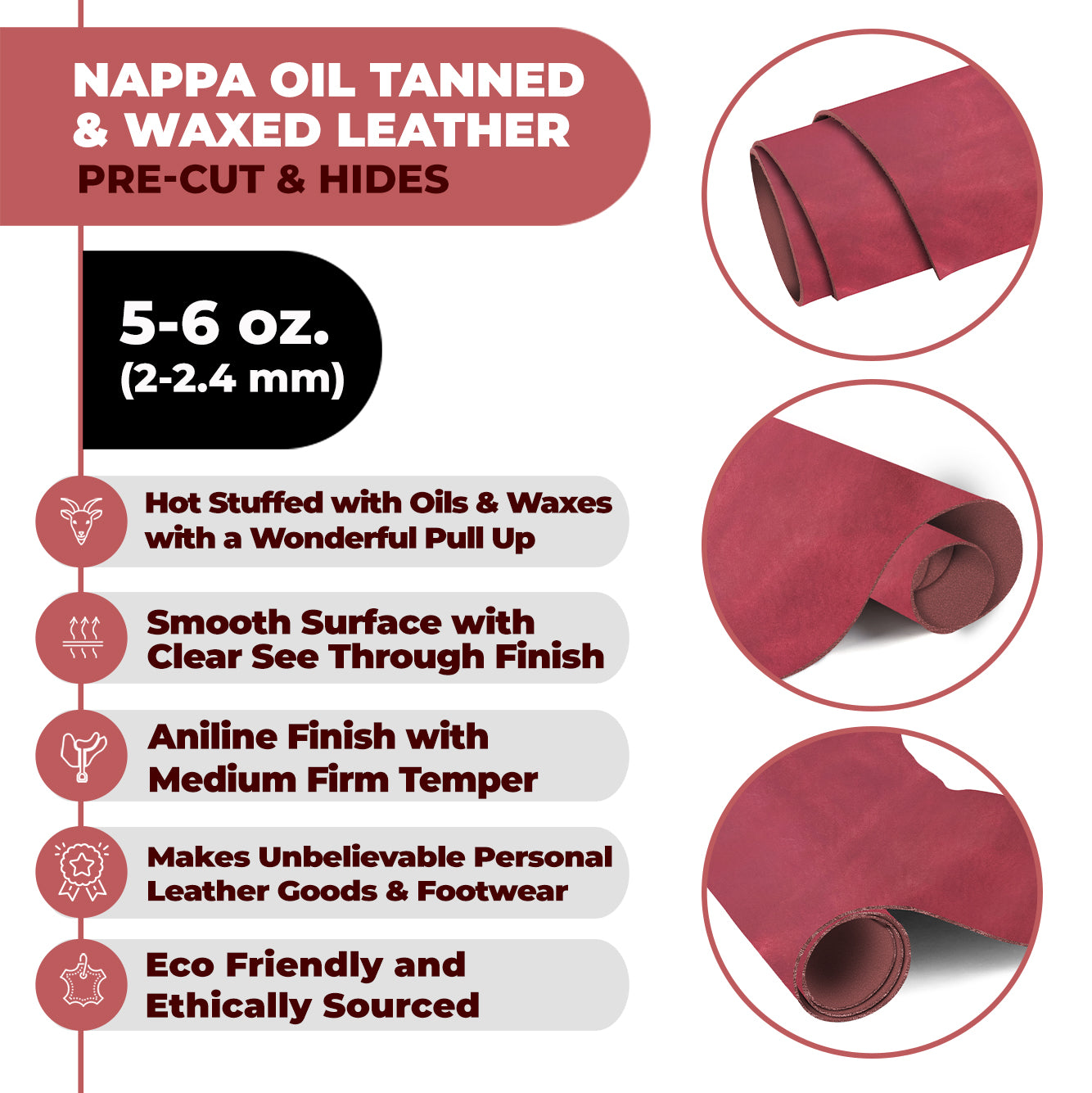 ELW 5-6 oz. (2-2.4mm) Napa Oil Tanned & Waxy Finish Leather 48" (122 cm) Length, Pre-Cuts & Hides Full Grain Genuine Craftsman Grade A/B, Leatherworking, Sheets Secondary image