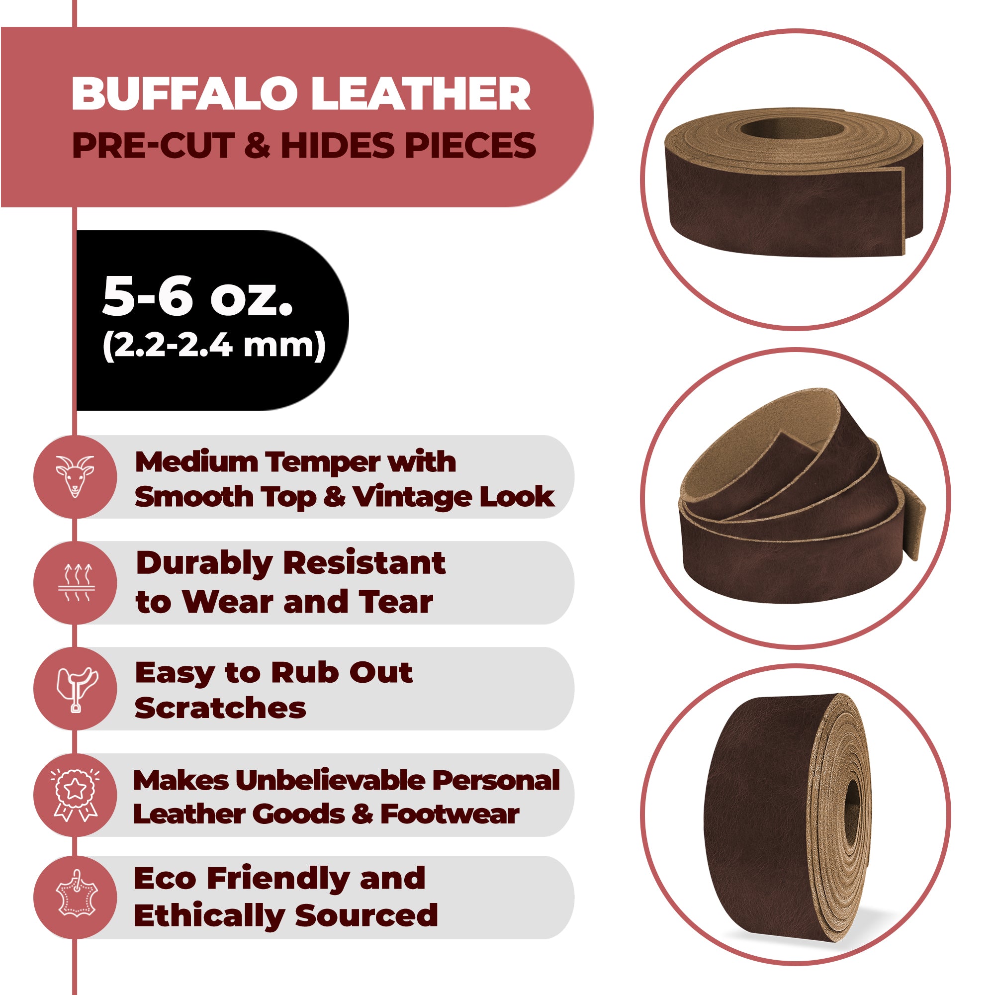 Buffalo Hide Leather Straps & Blank Belts 5-6 oz (2-2.4mm) 60" Length