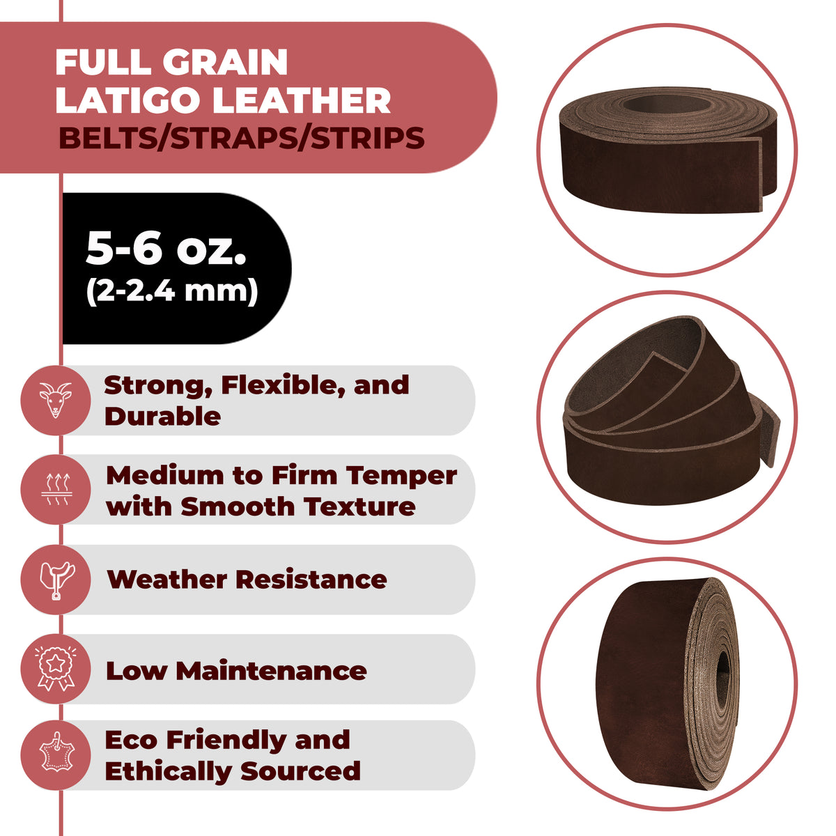 ELW Latigo Leather 5-6 oz. (2-2.4mm) Straps, Belts, Strips 60" Length Full Grain Leather Cowhide DIY Arts & Craft Projects, Clothing, Jewelry, Wrapping