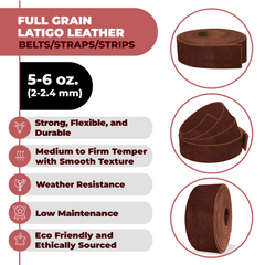 ELW Latigo Leather 5-6 oz. (2-2.4mm) Straps, Belts, Strips 60" Length Full Grain Leather Cowhide DIY Arts & Craft Projects, Clothing, Jewelry, Wrapping