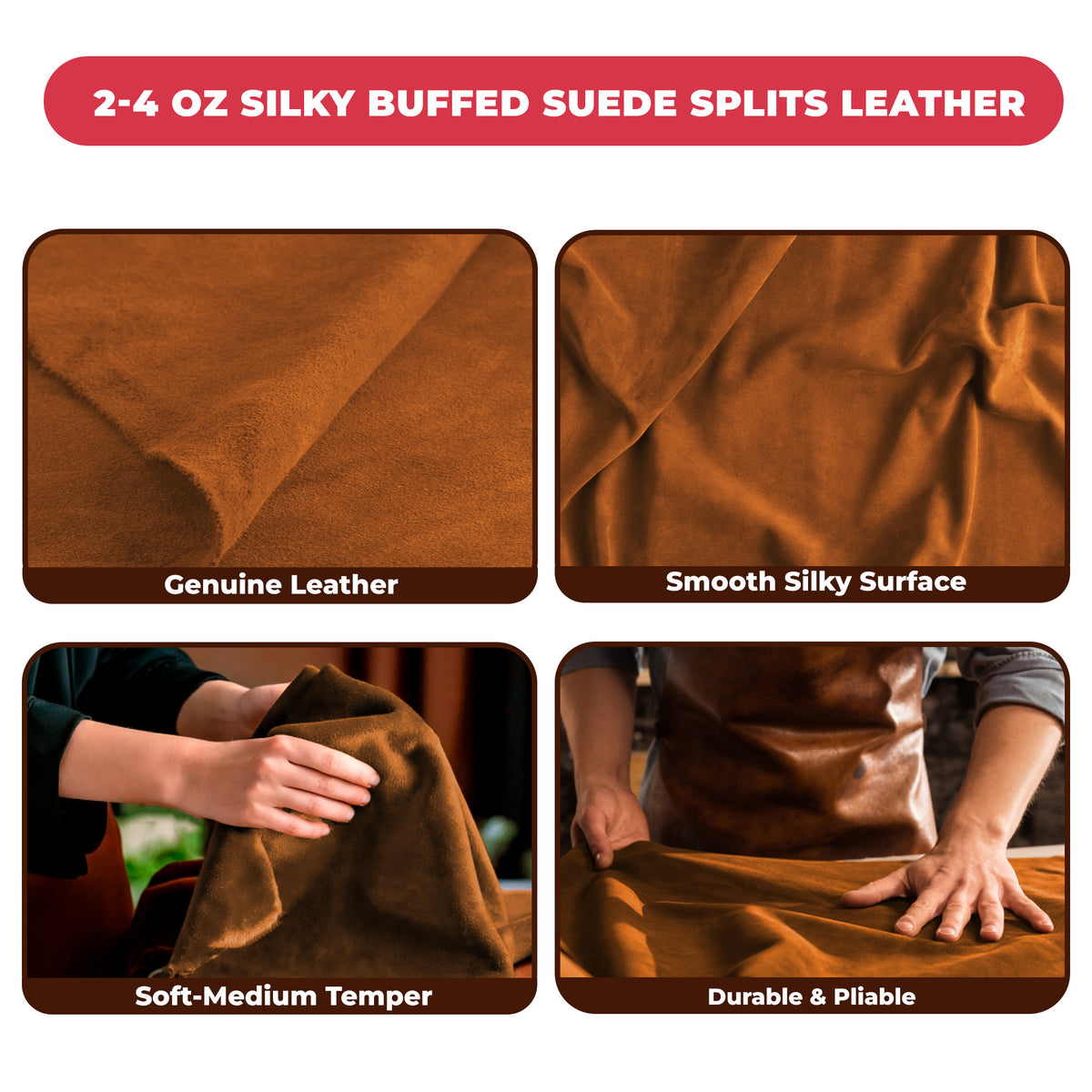 2-4 oz (1-1.6mm) Premium Suede Cowhide - Soft Full Grain Pre-Cut Side Leather  - USA Made Silky Buffed Suede Fabric Leather for Car Upholstery, Garments, Furniture