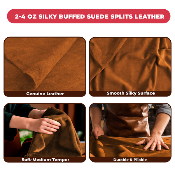 2-4 oz (1-1.6mm) Premium Suede Cowhide - Soft Full Grain Pre-Cut Side Leather  - USA Made Silky Buffed Suede Fabric Leather for Car Upholstery, Garments, Furniture