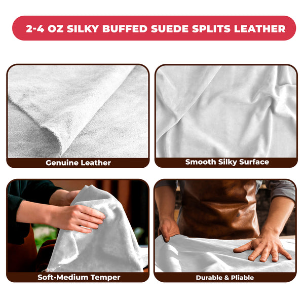2-4 oz (1-1.6mm) Premium Suede Cowhide - Soft Full Grain Pre-Cut Side Leather  - USA Made Silky Buffed Suede Fabric Leather for Car Upholstery, Garments, Furniture