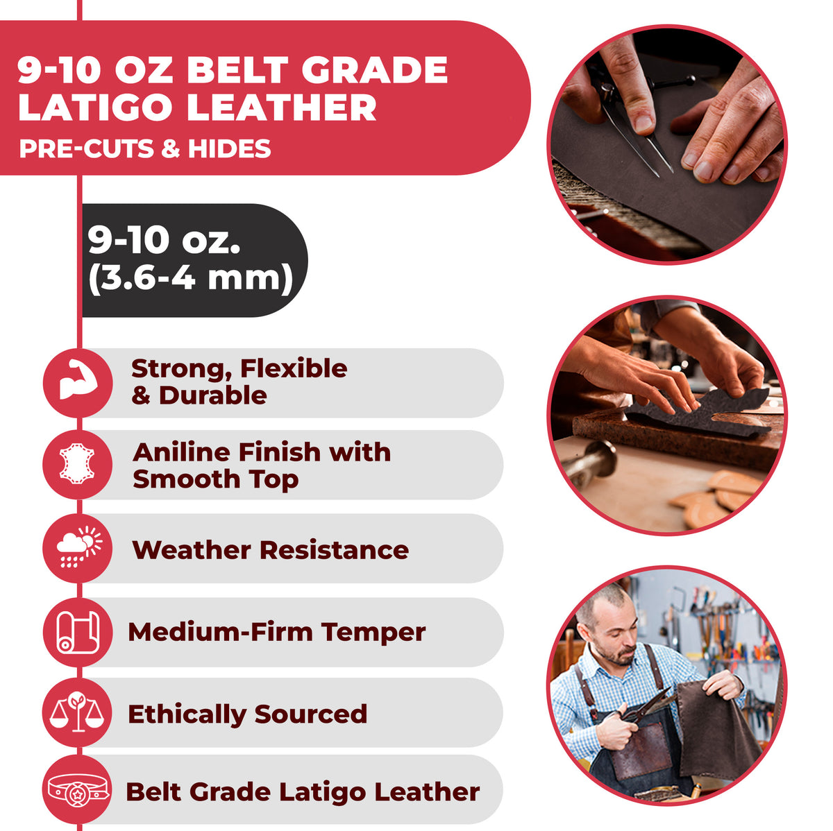 9-10 oz (3.6-4.0mm) Craftsmen Grade Latigo Leather Pre-Cut Sizes - SALE