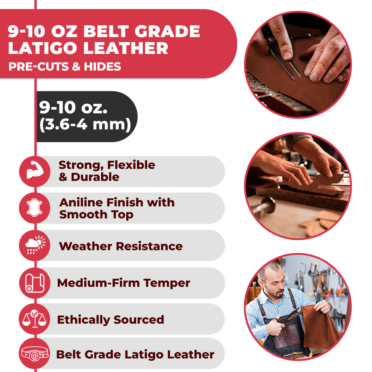 9-10 oz (3.6-4.0mm) Craftsmen Grade Latigo Leather Pre-Cut Sizes - SALE