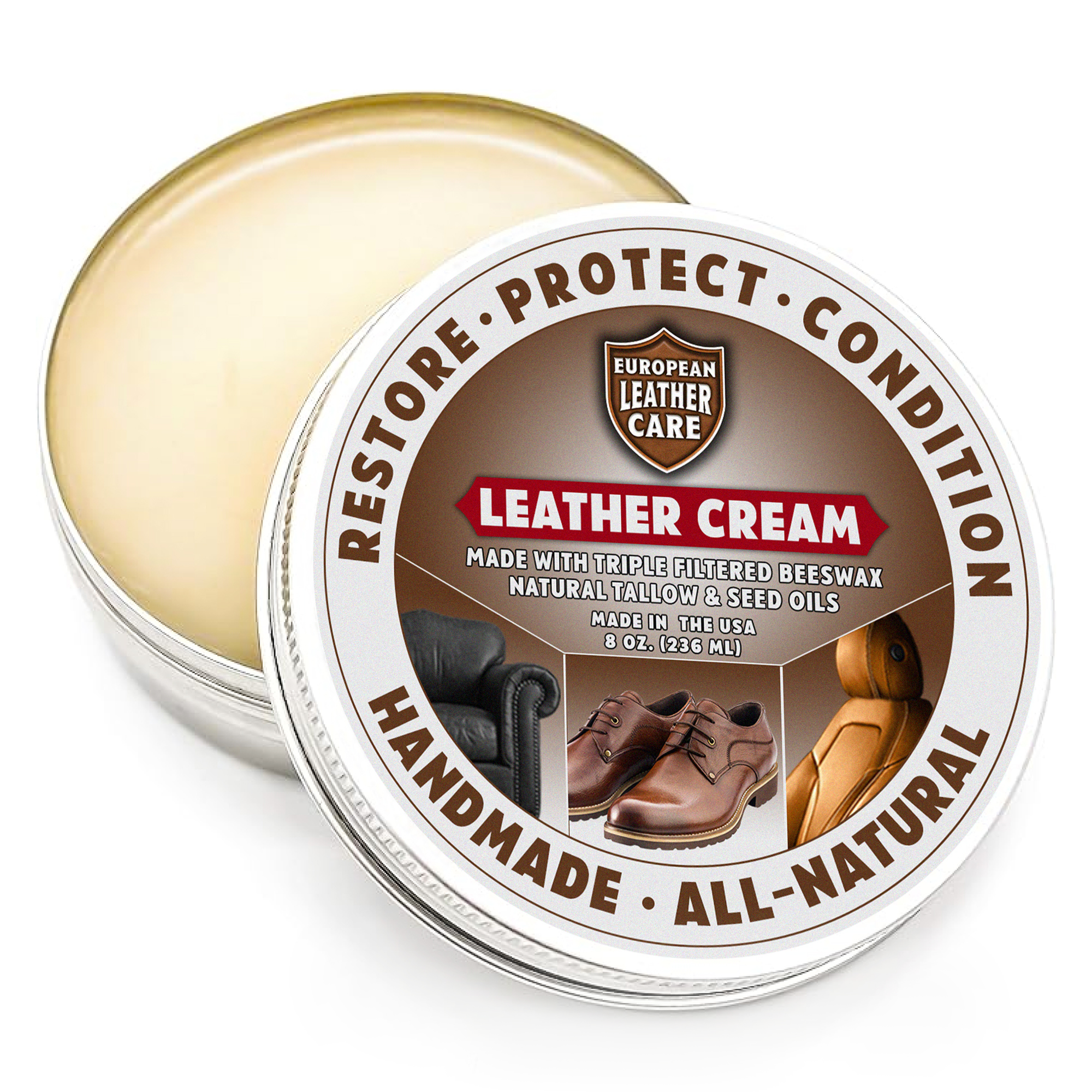 European Leather Care Cream - Cleaner & Conditioner for Boots, Furniture, Car Seats, Purses, & Saddles | All-Natural | Made in USA