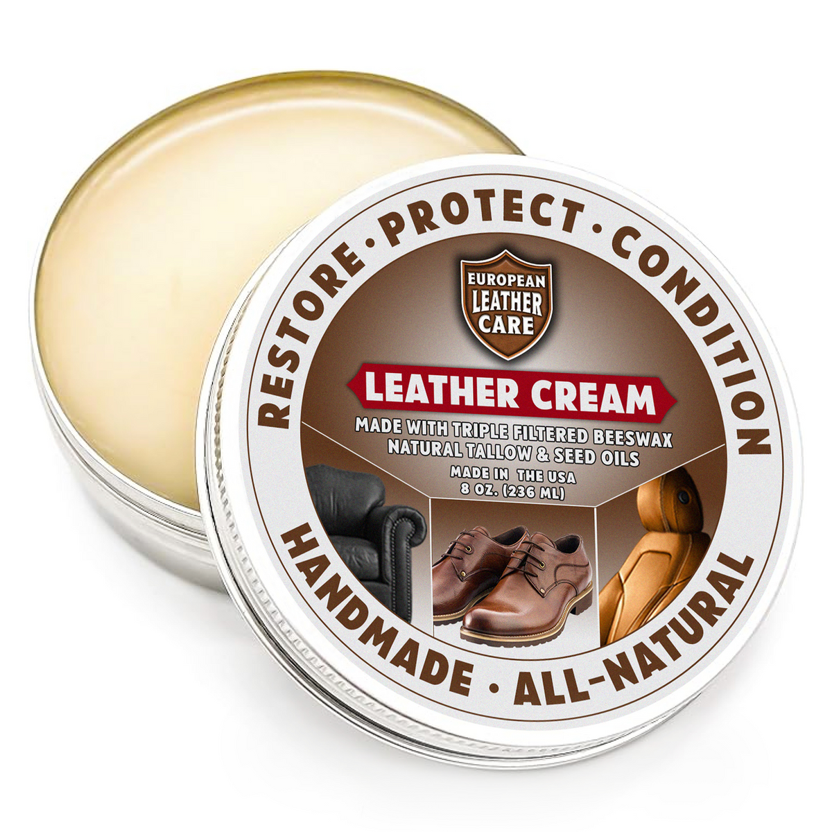 Leather Cream Conditioner & Protection - All Natural Ingredients - European Leather Care Cream - Made in the USA
