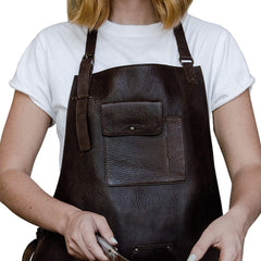 ELW Leather Apron for Kitchen, BBQ, Cooking, Woodworking, Barber, & Crafting - 100% Top Grain Leather - Large Tool Pockets - 3/4 oz Thickness - Adjustable Size M to 2XL