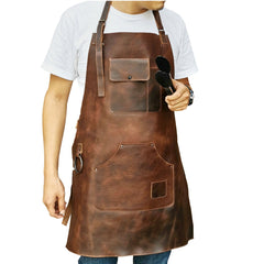 ELW Full Grain Leather Apron-2 Pouch Leather Apron, BBQ Apron, Men and Women's Apron, Kitchen, Cooking, Bartending, One Size