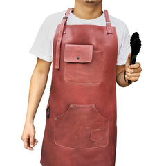 ELW Full Grain Leather Apron-2 Pouch Leather Apron, BBQ Apron, Men and Women's Apron, Kitchen, Cooking, Bartending, One Size