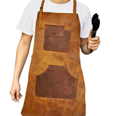 ELW Full Grain Leather Apron-2 Pouch Leather Apron, BBQ Apron, Men and Women's Apron, Kitchen, Cooking, Bartending, One Size