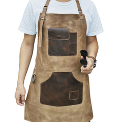 ELW Full Grain Leather Apron-2 Pouch Leather Apron, BBQ Apron, Men and Women's Apron, Kitchen, Cooking, Bartending, One Size