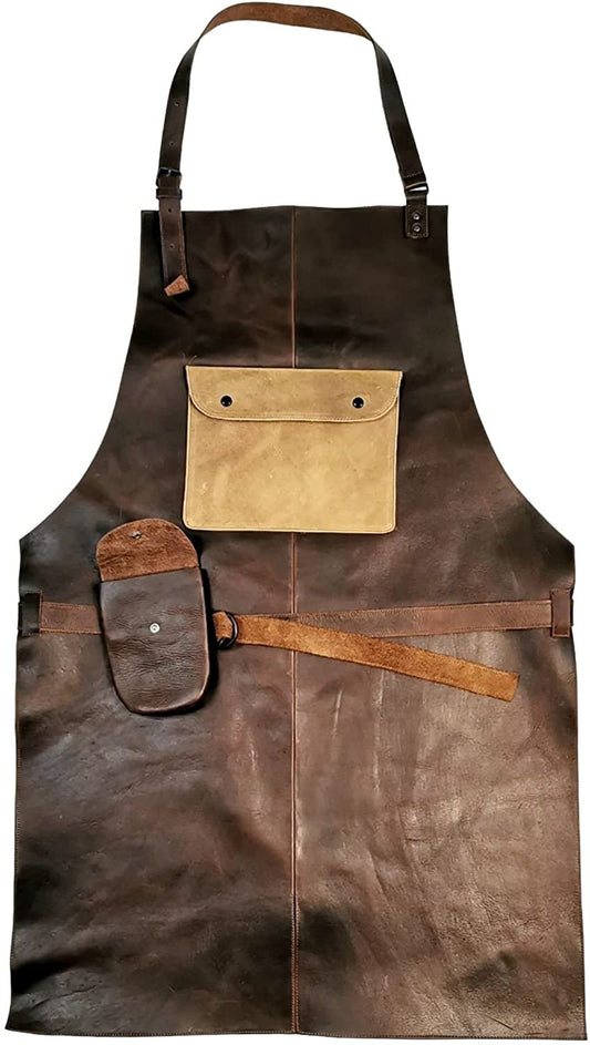 ELW Full Grain Leather Apron-Chest Pouch with Side Pocket, BBQ Apron, Kitchen, Cooking, Bartending, One Size for Men & Women