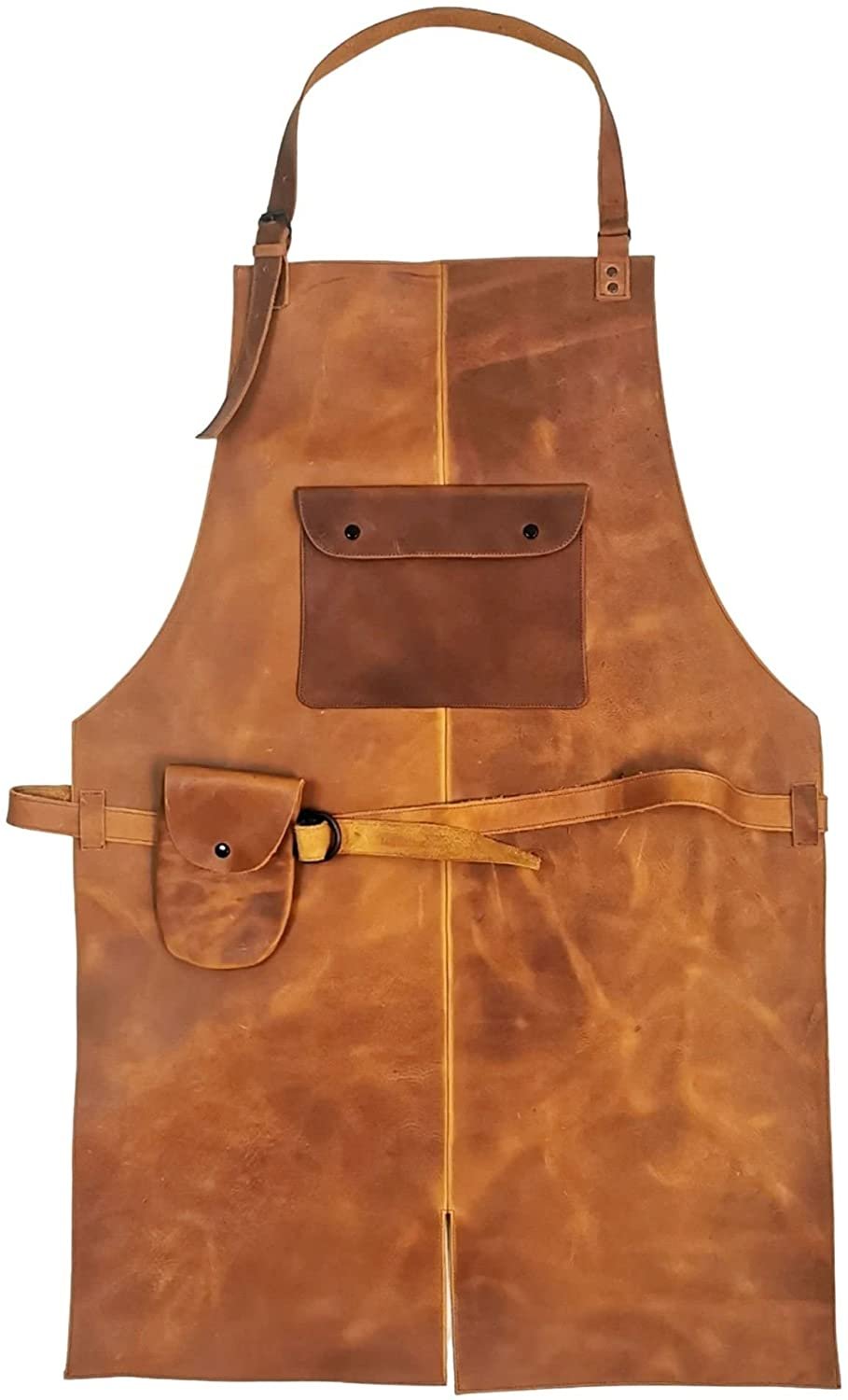 ELW Full Grain Leather Apron-Chest Pouch with Side Pocket, BBQ Apron, Kitchen, Cooking, Bartending, One Size for Men & Women