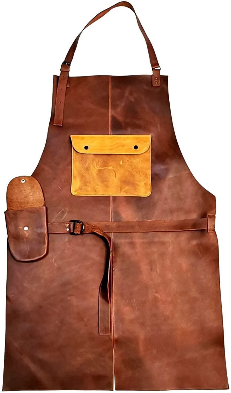 ELW Full Grain Leather Apron-Chest Pouch with Side Pocket, BBQ Apron, Kitchen, Cooking, Bartending, One Size for Men & Women