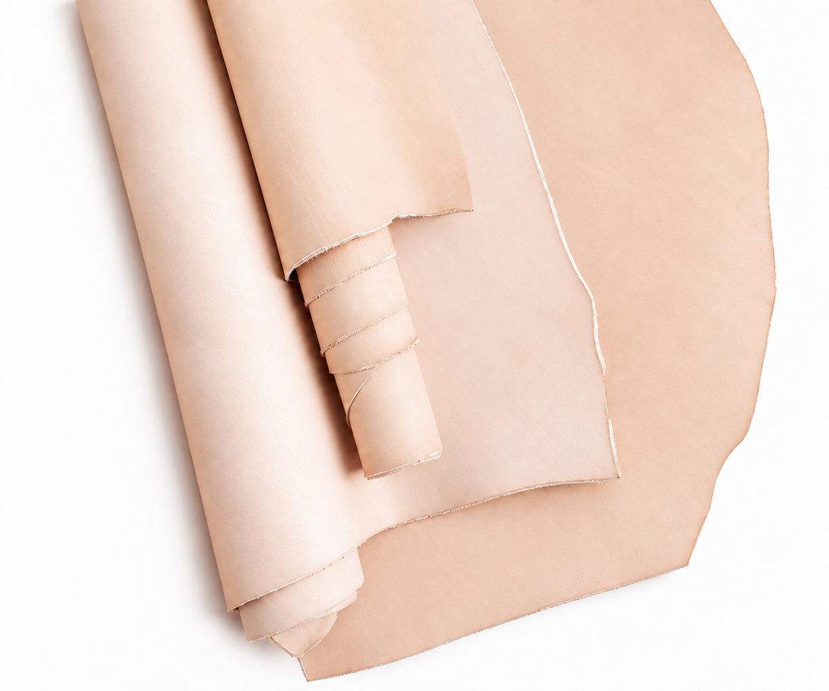 Layered natural vegetable-tanned leather — cropped AI-assisted material detail