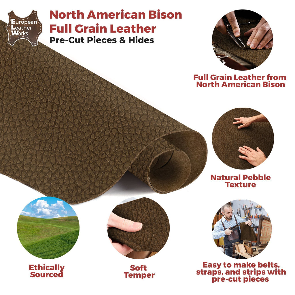 ELW Genuine American Leather Bison 8-9 oz (3.2-3.4mm) Pre-Cut - 4 to 23 SQ FT -Full Grain Leather Bison Hide DIY Craft Projects, Bag, Chap, Motorcycle, Clothing, Jewelry, Moccasins