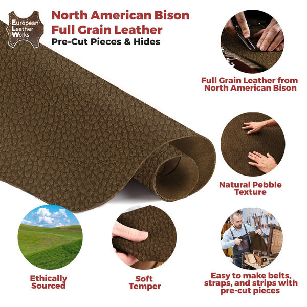 ELW Genuine American Leather Bison 8-9 oz (3.2-3.4mm) Pre-Cut - 4 to 23 SQ FT -Full Grain Leather Bison Hide DIY Craft Projects, Bag, Chap, Motorcycle, Clothing, Jewelry, Moccasins