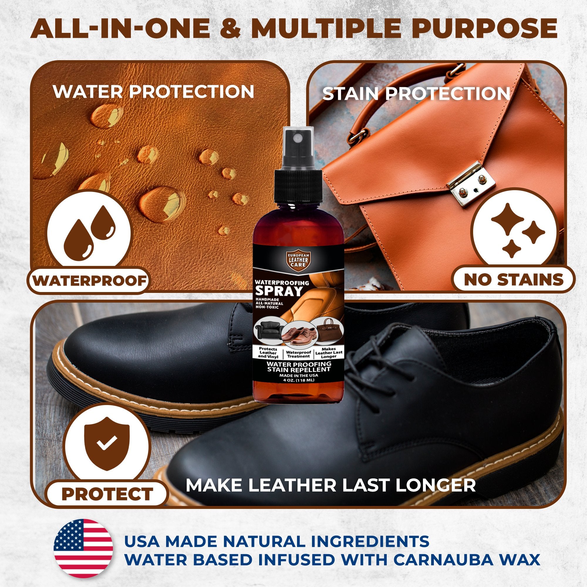 European Leather Care Waterproofing Shoe Spray - All Natural Non-Toxic Leather Shoe Suede Protector Spray - Waterproof Spray Shoes Rain and Stain Repellent Spray for bag, Furniture, Car Interior