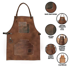 ELW Full Grain Leather Apron-2 Pouch Leather Apron, BBQ Apron, Men and Women's Apron, Kitchen, Cooking, Bartending, One Size