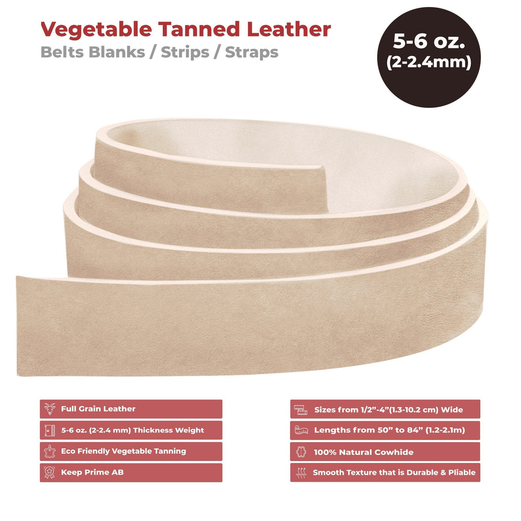 ELW Leather Blank Belt | 5-6 Oz. (2-2.4mm) Thickness | Size from 1/2" to 4" | Cowhide Vegetable Tanned | Full Grain Strip, Strap | Ideal for DIY Belts for Tooling, Crafting, Stamping, Dyeing